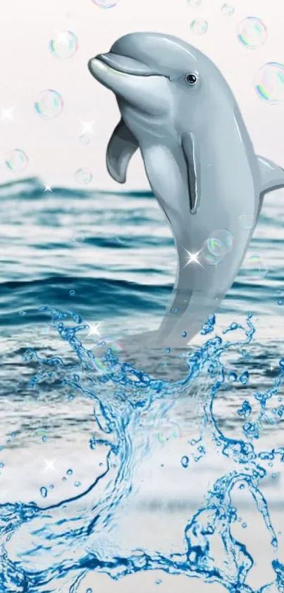 Dolphin jumping in ocean waves with bubbles.