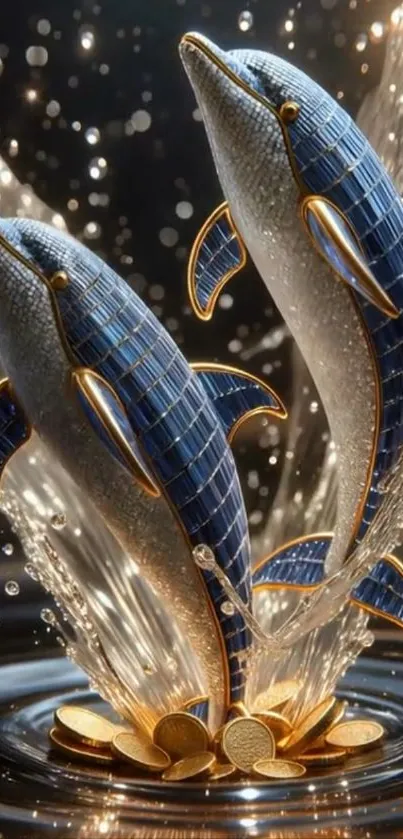 Elegant dolphins creating a splash with gold accents in water.
