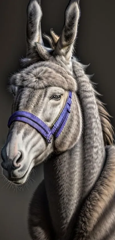 Elegant donkey portrait with a purple harness on a brownish gray background.