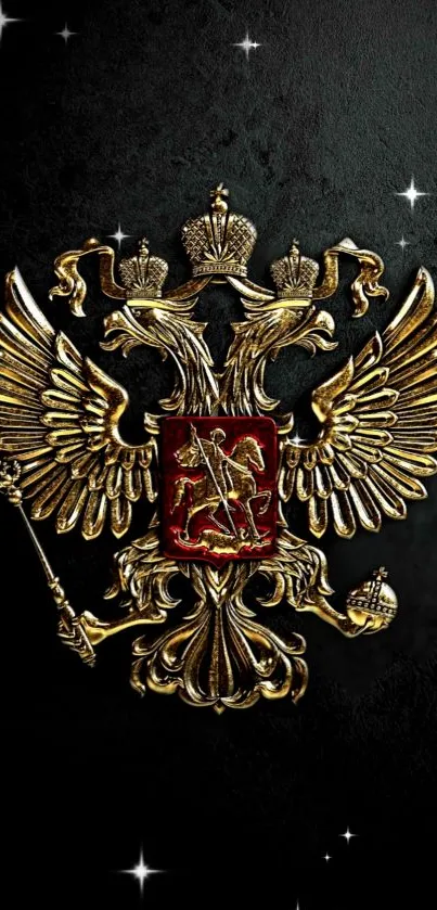 Double-headed eagle wallpaper with gold on a black background.