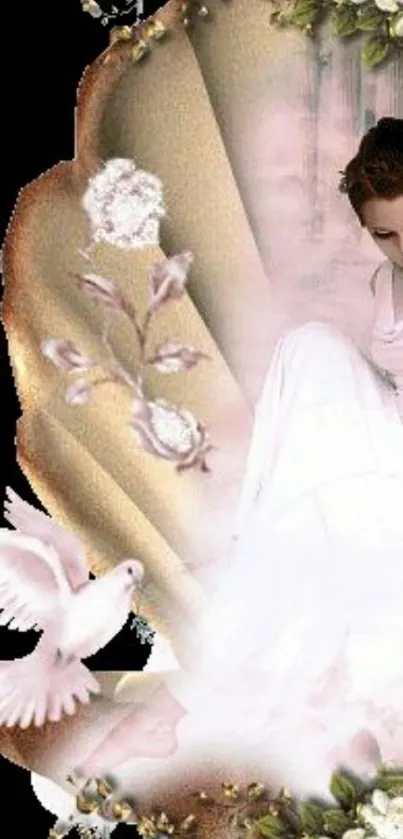Elegant wallpaper with a woman, dove, and flowers.
