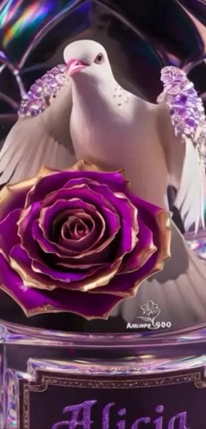 Elegant dove with jeweled wings and purple rose in a colorful background.