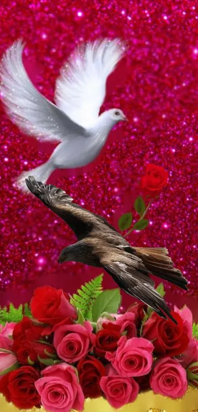 Mobile wallpaper of a dove and red roses with a pink glitter background.