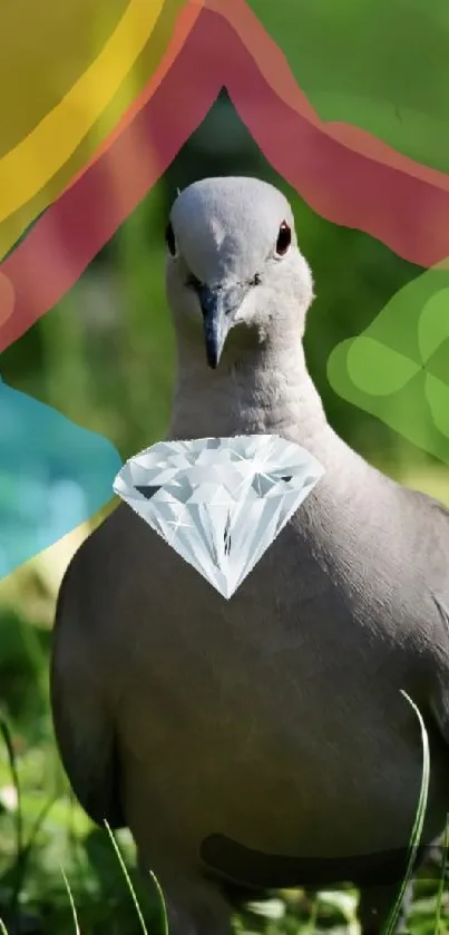 Dove with diamond necklace on green background, artistic wallpaper.