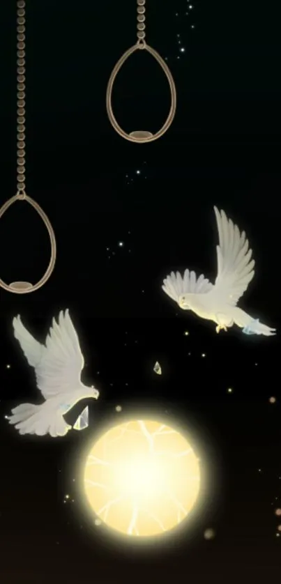 Elegant wallpaper featuring doves flying by a glowing orb on a dark background.