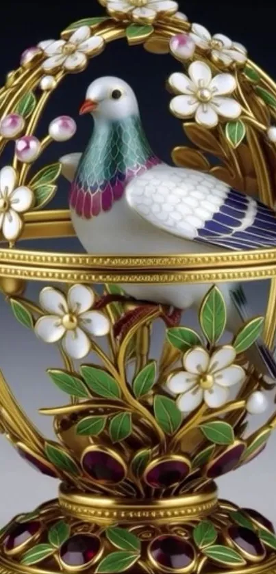 A decorative dove with flowers in a golden ornament design.