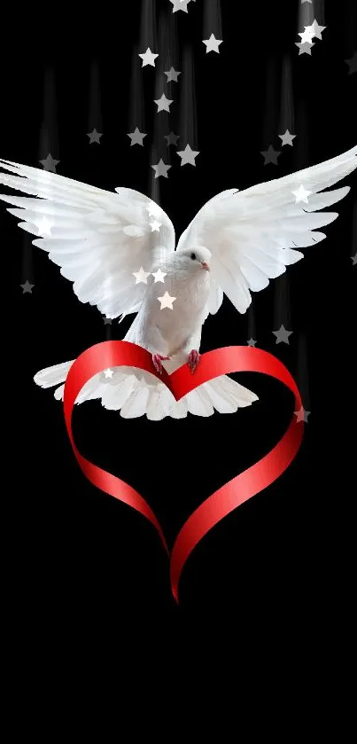 White dove with red heart ribbon on black background wallpaper.