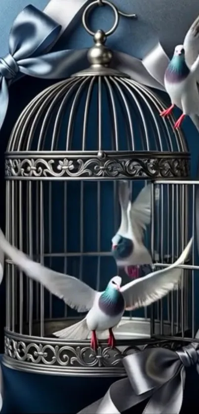 Doves flying out of an ornate birdcage with blue ribbons
