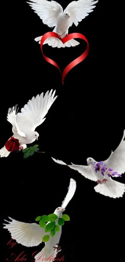 Doves with flowers and heart on black background.