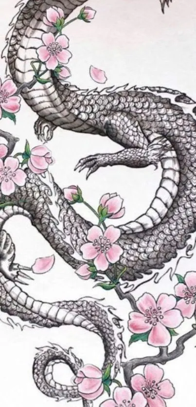 Intricate dragon with pink flowers mobile wallpaper.