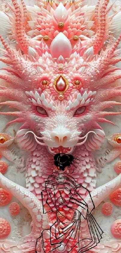 Intricate pink dragon and woman illustration art.