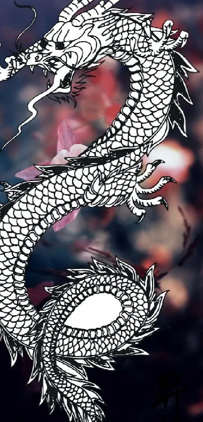 White dragon on a dark floral background wallpaper.