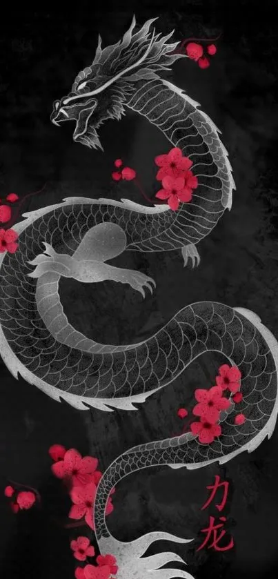 Gray dragon with red flowers on a black background.