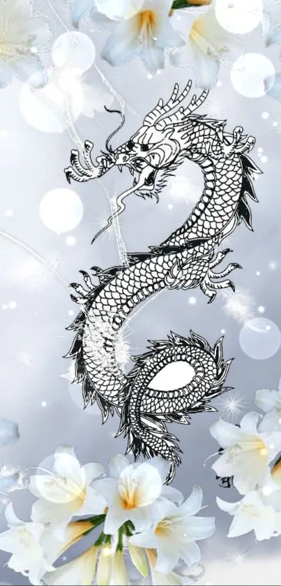 Black-and-white dragon with white flowers on a light blue background.