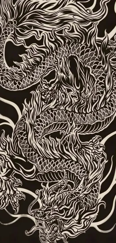 Monochrome elegant dragon illustration on a black background for mobile wallpaper.