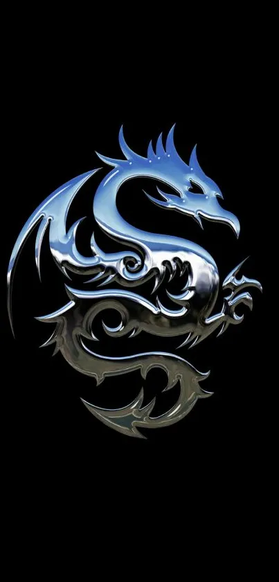 Metallic blue dragon design on black background wallpaper.