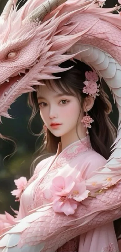 A mystical pink dragon with a serene maiden, accented by cherry blossoms.