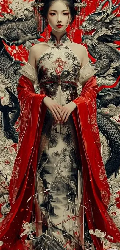 Elegant lady with dragon design and red hues on mobile wallpaper.