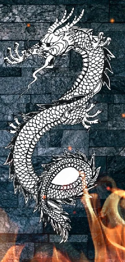 Intricate dragon on dark stone textured wallpaper.