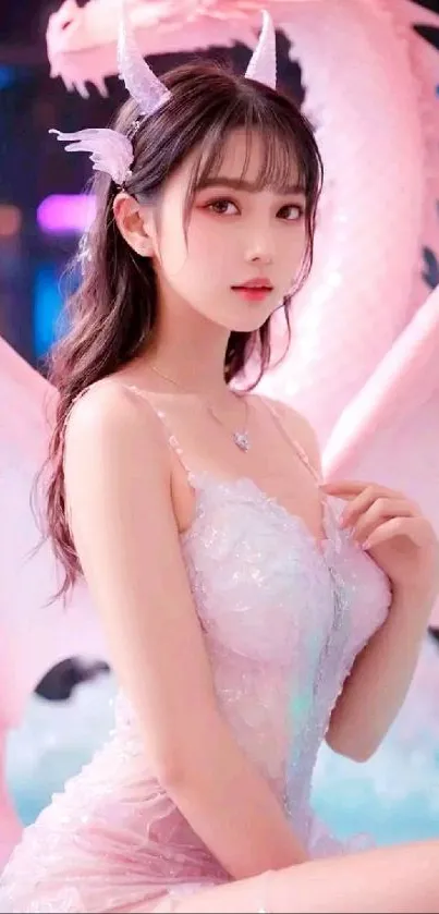 Fantasy woman with dragon wings in pink setting.