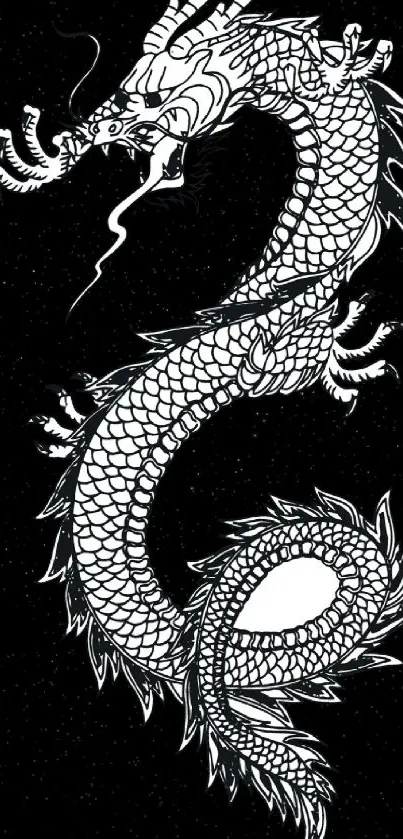 Elegant black and white dragon wallpaper design for mobile.