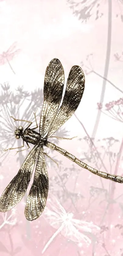 Elegant dragonfly art with pink and gold tones on a mobile wallpaper.