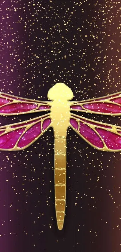 Gold and pink dragonfly with sparkling glitter on a purple background wallpaper.