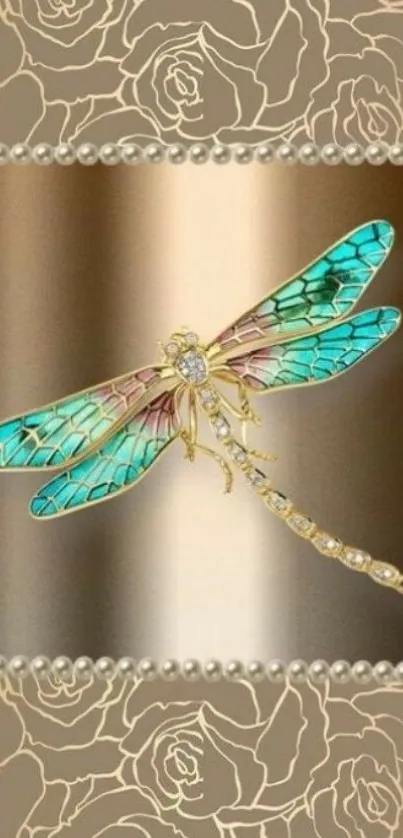 Dragonfly with turquoise wings on a golden floral background.