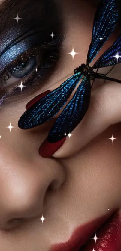 Close-up of vibrant dragonfly on artistic makeup face wallpaper.