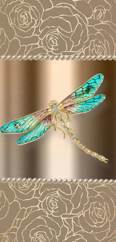 Elegant dragonfly with turquoise wings and a gold background.