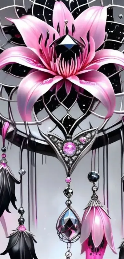 Vibrant dreamcatcher with pink flower and feathers design.
