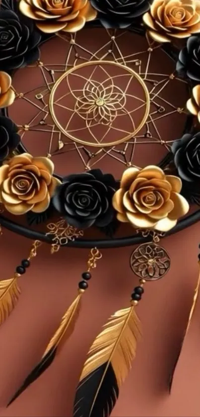 Dreamcatcher wallpaper with black and gold roses and feathers.