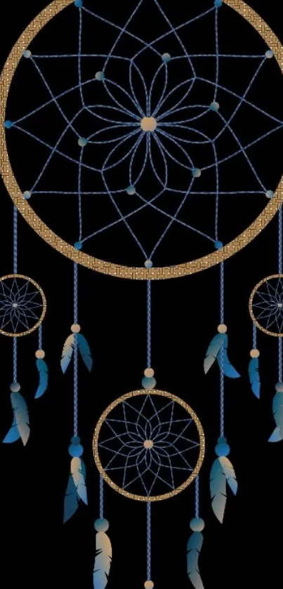 Stylish dreamcatcher design with feathers on a black background.