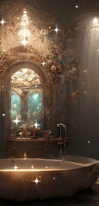 Luxurious dreamlike bathroom with ornate decor and soft lighting.