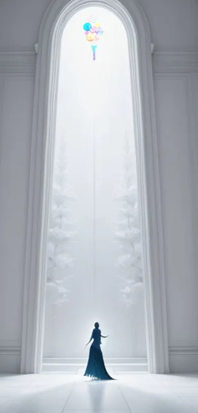 Standing figure in white corridor with floating balloons