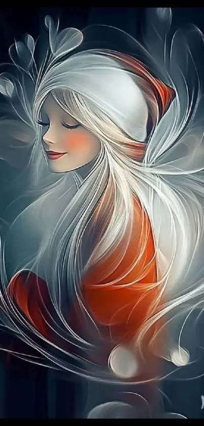 Artistic wallpaper of a serene woman with flowing hair and abstract design elements.