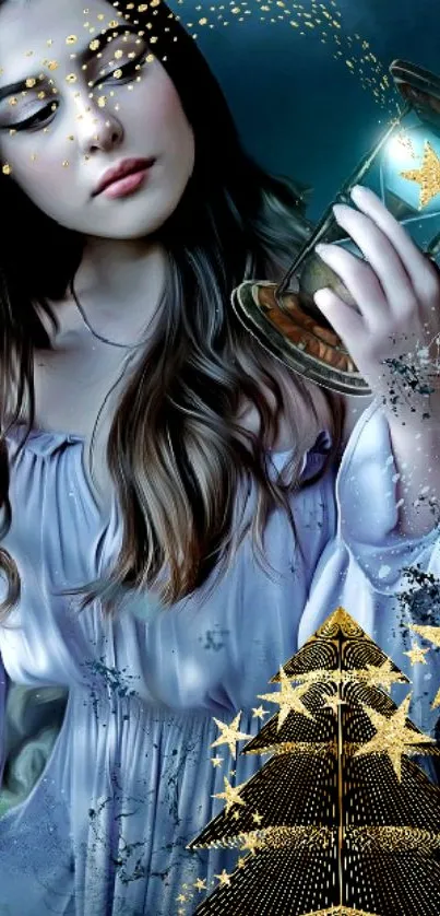 Dreamy fantasy wallpaper with woman, stars, and hourglass.