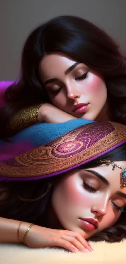 Elegant and dreamy wallpaper of two women in a serene artistic pose, rich in color.