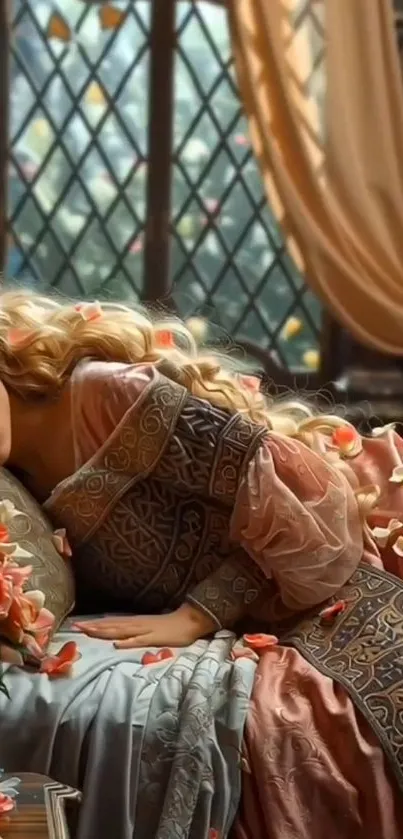 Sleeping woman in elegant vintage setting with flowers.