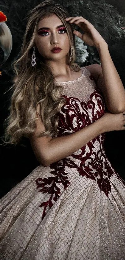 Woman in elegant dress with parrot in dark setting.