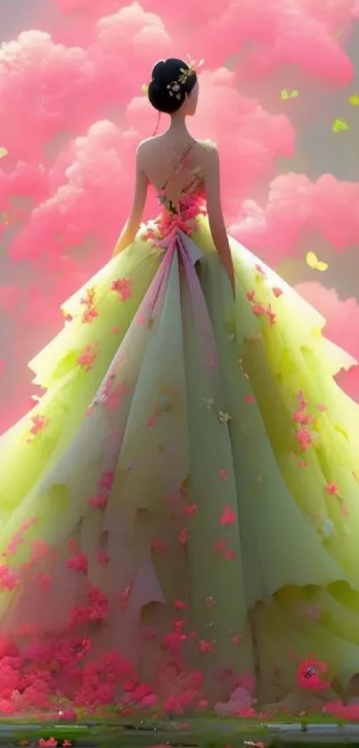 Elegant woman in flowing dress with pink clouds and butterflies.