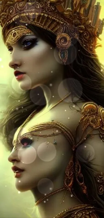 Two women in regal attire with golden crowns in a fantasy artwork on mobile wallpaper.