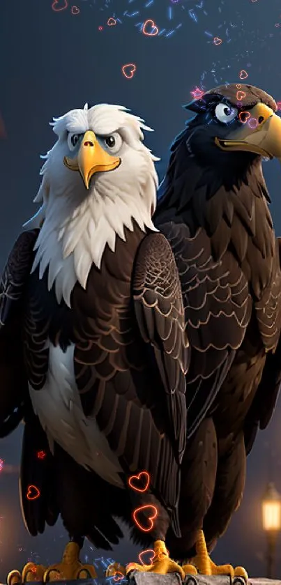 Two majestic eagles perched at night with glowing street lamps in the background.