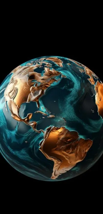 Artistic earth design with teal and gold on black background.