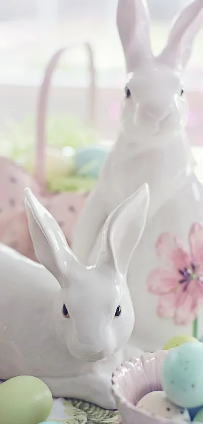 Porcelain bunnies with pastel Easter eggs on a soft spring background.