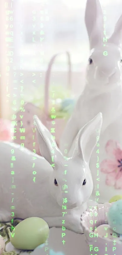 Elegant white Easter bunny statues with pastel eggs and matrix code design.