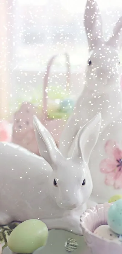 Ceramic bunnies with pastel eggs and floral decor in a gentle Easter setting.