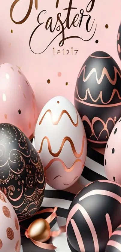 Elegant Easter eggs with black and pink patterns.