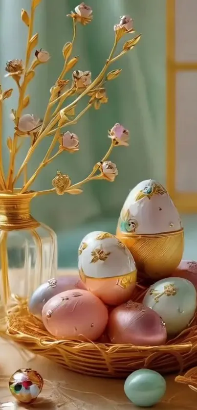 Artistic Easter egg basket with golden floral accents