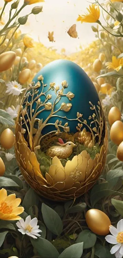 Golden Easter egg surrounded by flowers and greenery in a fantasy setting.